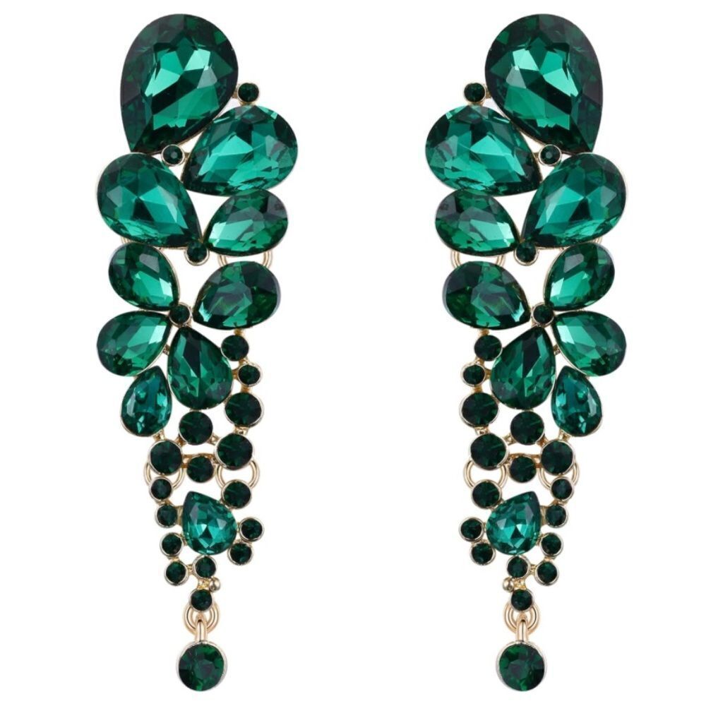 Yellow Gold with Emerald Austrian Crystal Chandelier Statement Clip On Earrings